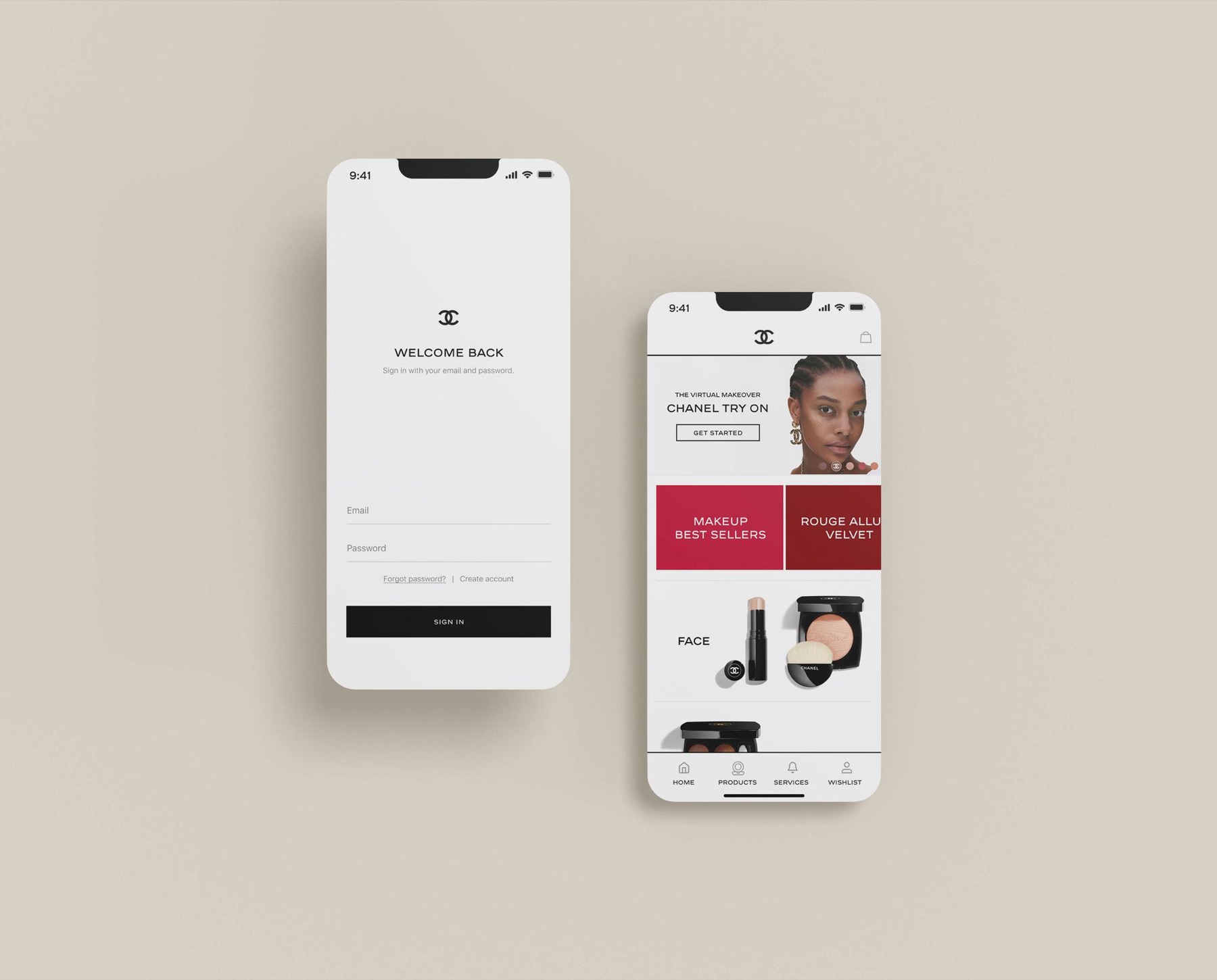 Chanel Beauty concept app interface screen.