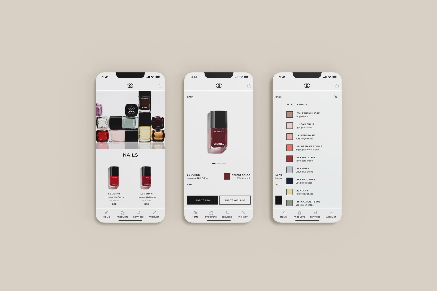 Chanel Beauty concept app interface screen.