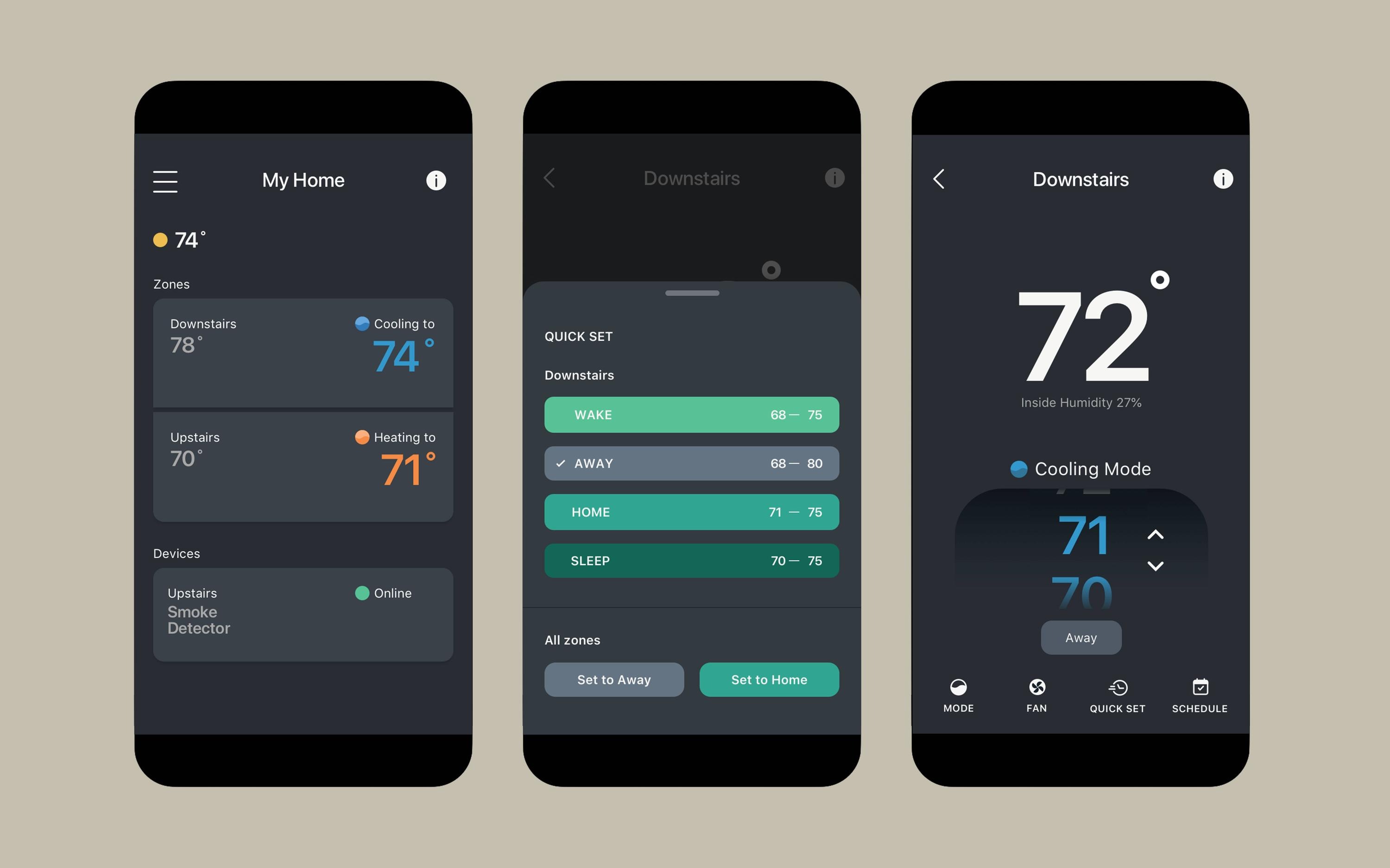 Infinity Thermostat app screens, showing zones and quick-set schedules.