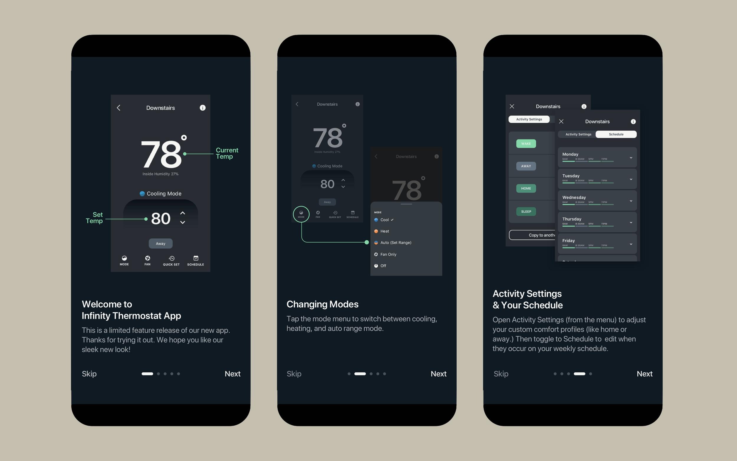 Infinity Thermostat app onboarding screens.