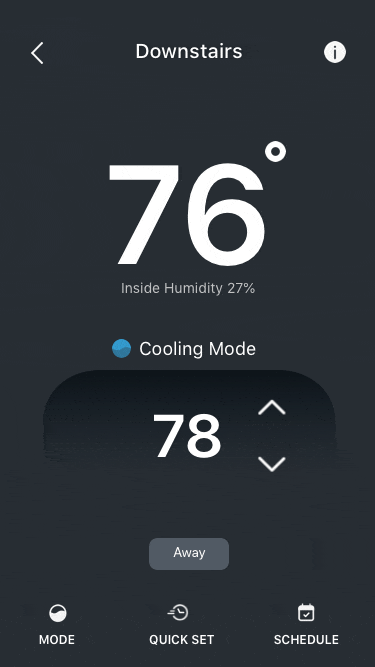 Infinity Thermostat app, heating mode animation.